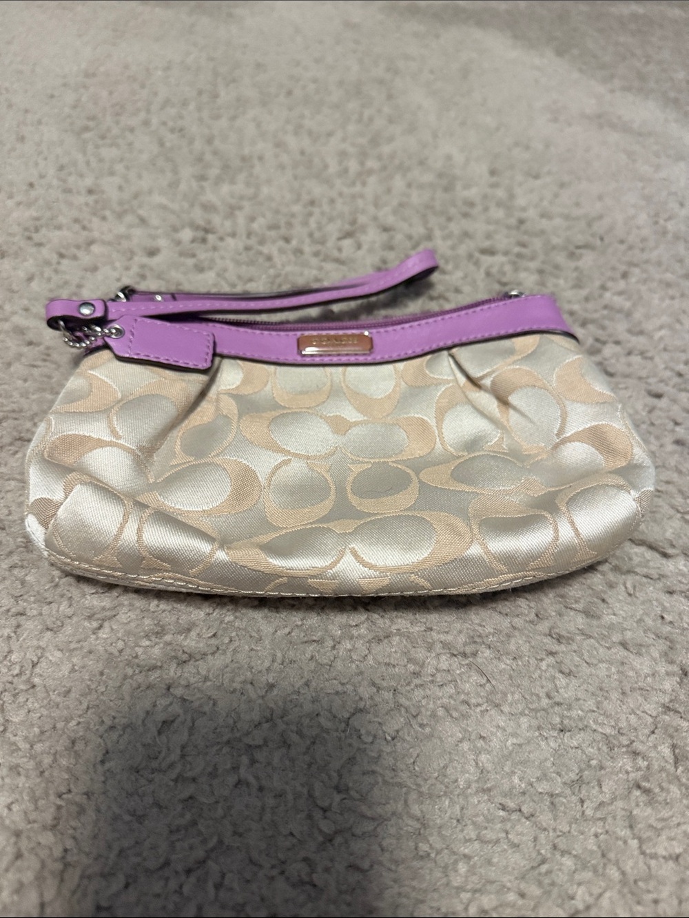 Coach Cream Signature Wristlet with Lavender Leather Trim